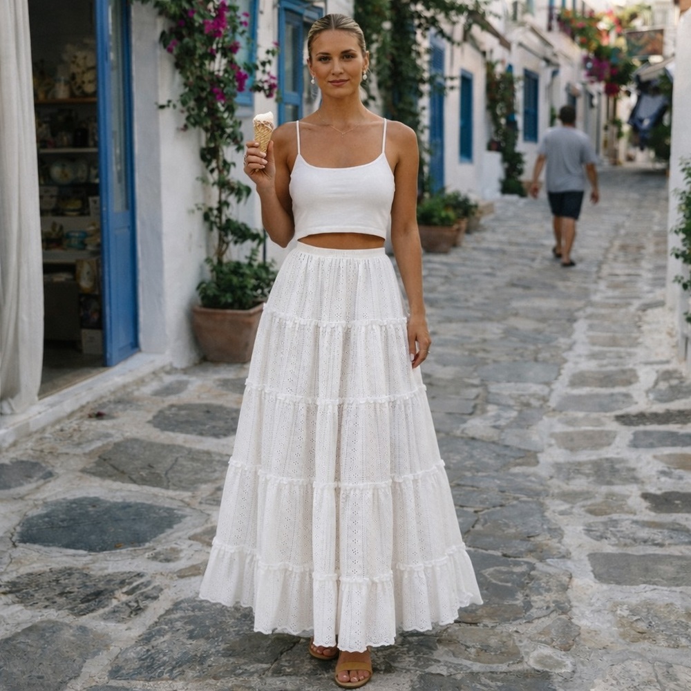 Tiered eyelet lace white maxi skirt boho gypsy